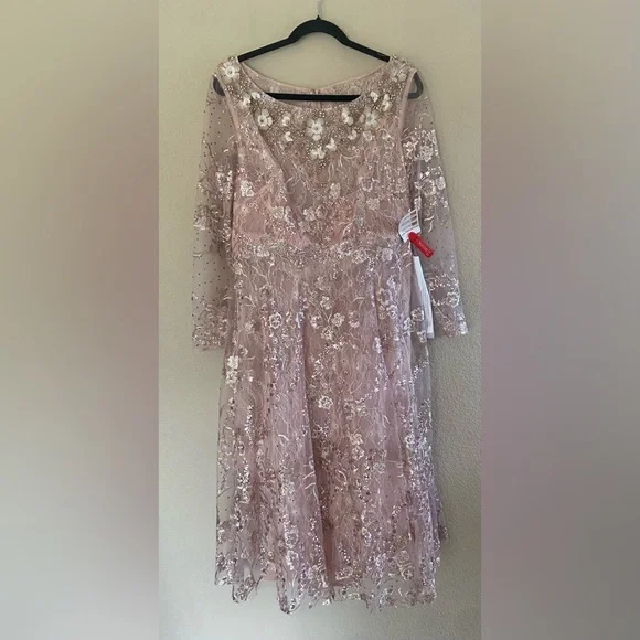 Mac Duggal Size 10 Blush Pink Beaded Floral Lace Midi Dress NWT Formal Cocktail - Picture 2 of 15